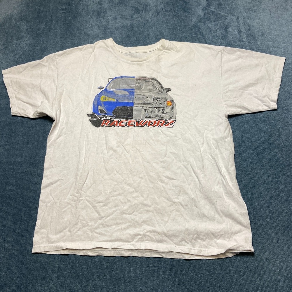 RaceWorz T-Shirt Mens XL White Graphic Logo Cotton Short Sleeve Crew Neck Casual